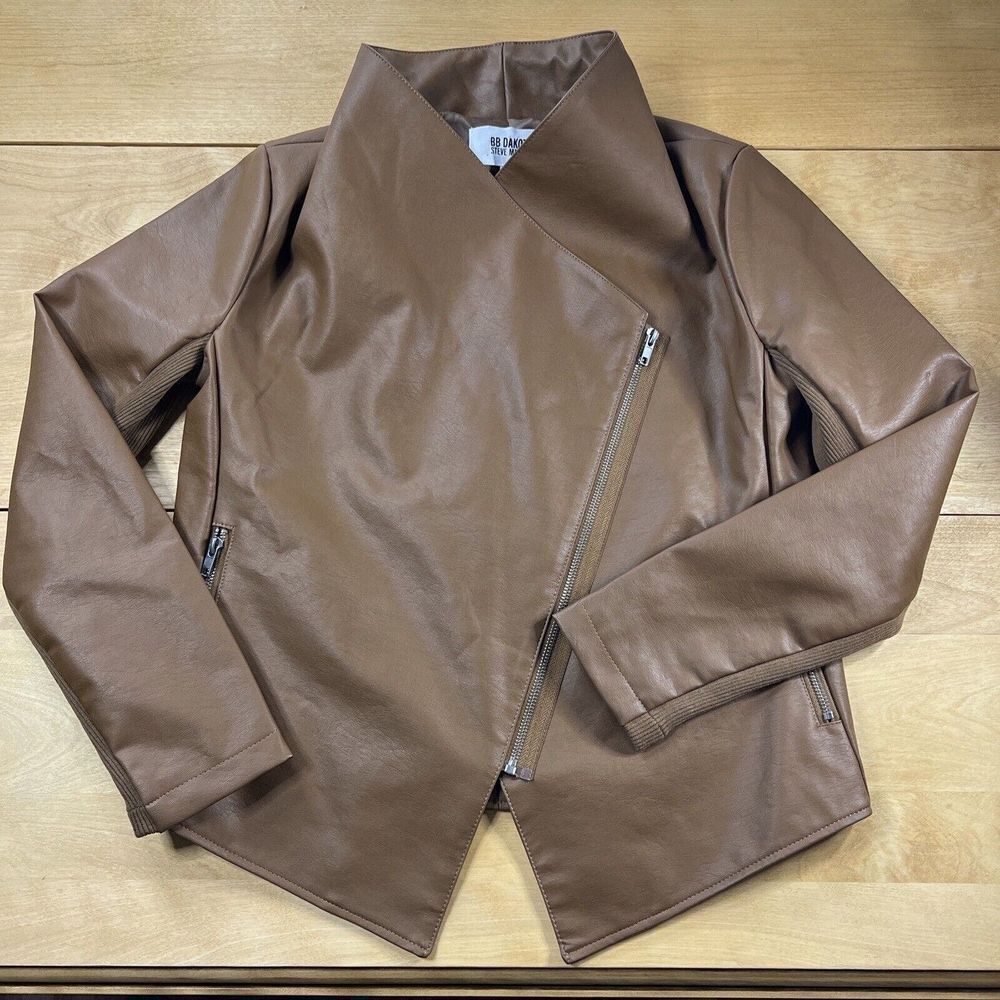 BB Dakota Faux Leather Moto Biker Jacket Womens M Brown Zip‎ Coat Ladies